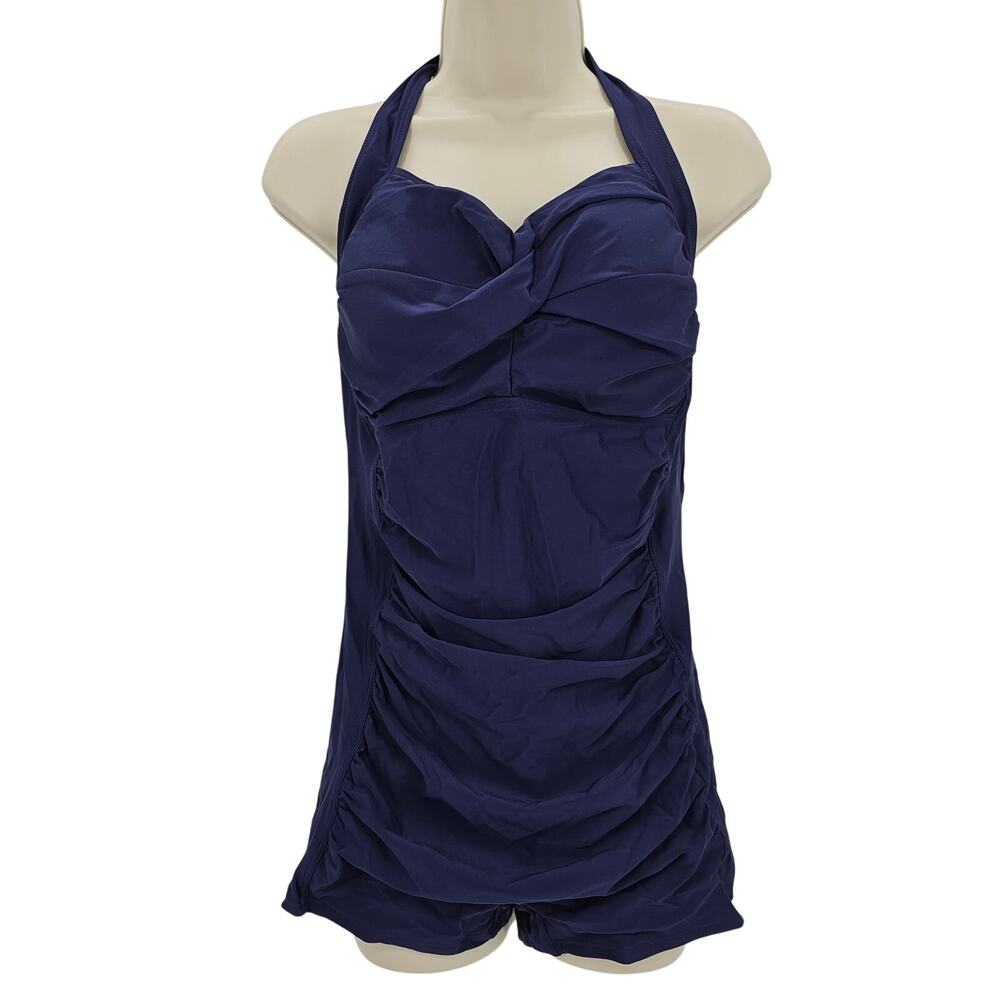 Tempt Me Womans size 6XL Retro Halter Boyleg Ruched One Piece Swimsuit Blue NWOT